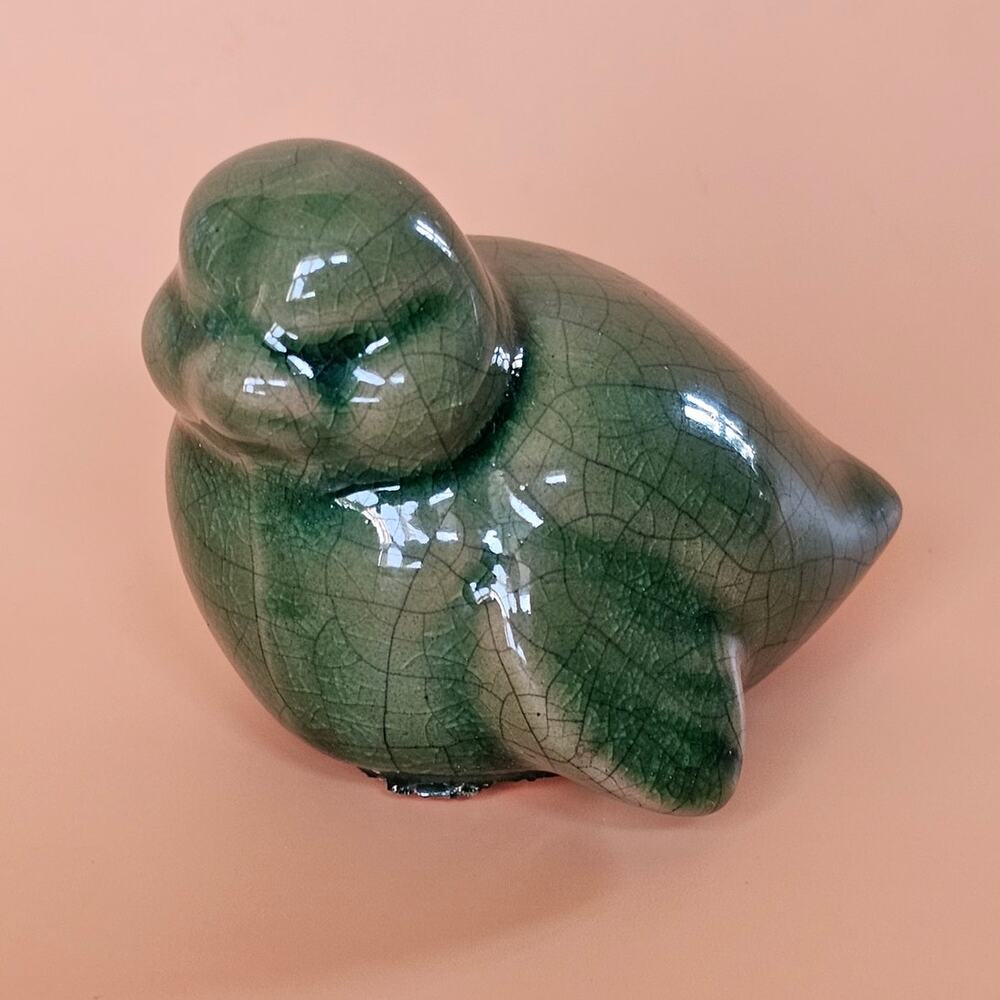 Vintage MCM Green Crackle Glaze Ceramic Baby SongBird Figurine 3in
